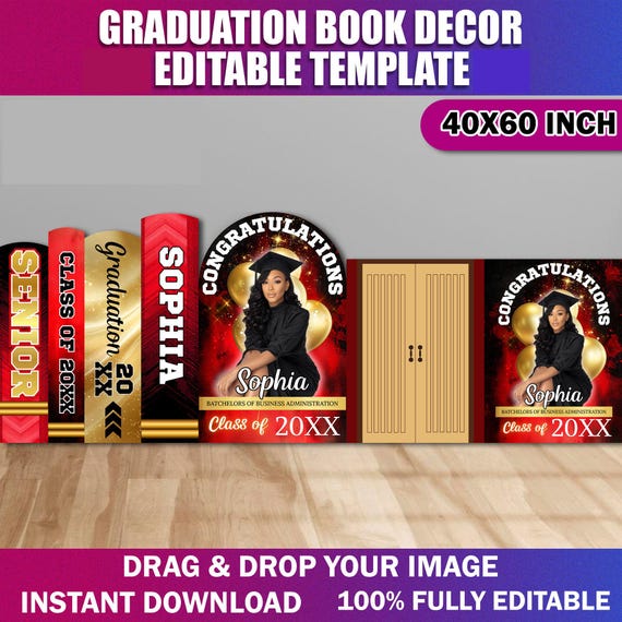 Graduation Book Decor Canva Editable Template, Red & Black Graduation Panel Board, Grad Backdrop Arch, Prom Foam Board Floor Wrap Set Decor