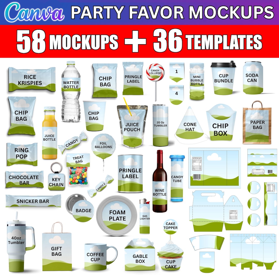 50x Party Favor Mockup Bundle, Canva Editable Party Favor Mockup Bundle, Chocolate Bar Jui