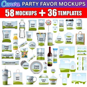 50x Party Favor Mockup Bundle, Canva Editable Party Favor Mockup Bundle, Chocolate Bar Juice Pouch, Chip bag, DIY Water Bottle Mockup