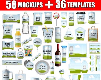 50 x mockup-bundel feestgunst, canva bewerkbare mockup-feestgunst, zakje chocoladereep sap, zak chips, mockup DIY-waterfles