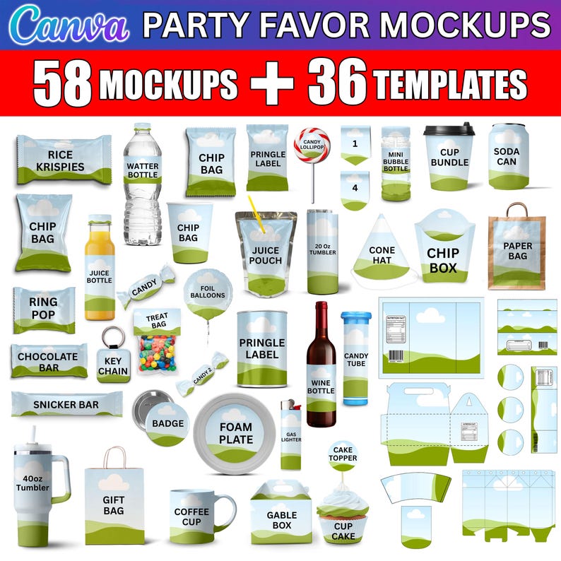May include: A graphic showcasing party favor mockups and templates. The image features various items like chip bags, candy, juice pouches, wine bottles, and gift bags. Text includes "PARTY FAVOR MOCKUPS" and "58 MOCKUPS + 36 TEMPLATES."