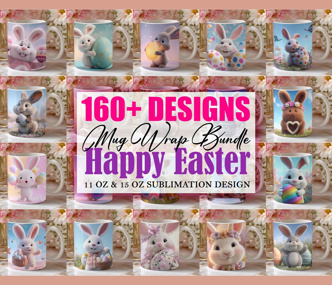 160x Easter Mug Wrap Bundle, Cute Bunny Sublimation Designs PNG, 11oz ...