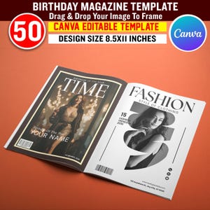 May include: An open magazine template with the text "BIRTHDAY MAGAZINE TEMPLATE" and "CANVA EDITABLE TEMPLATE". The left page says "TIME" and "YOUR NAME". The right page says "FASHION" and "15 FASHION TRENDS 2030". The design size is 8.5x11 inches.