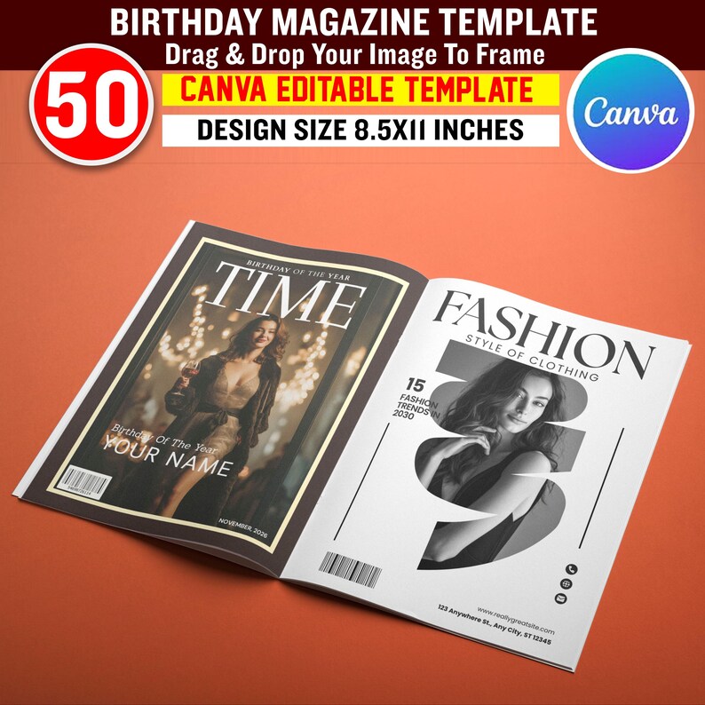 May include: An open magazine template with the text "BIRTHDAY MAGAZINE TEMPLATE" and "CANVA EDITABLE TEMPLATE". The left page says "TIME" and "YOUR NAME". The right page says "FASHION" and "15 FASHION TRENDS 2030". The design size is 8.5x11 inches.