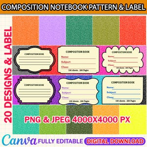 Puede incluir: Un diseño digital con patrones y etiquetas de cuadernos de composición. La imagen incluye varios fondos coloridos y diseños de etiquetas con espacio para nombre, tema y clase. El texto dice "20 Designs & Label" y "PNG & JPEG 4000X4000 PX".