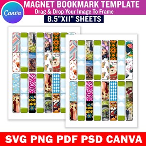 Puede incluir: Dos hojas de plantillas de marcap&aacute;ginas magn&eacute;ticos con varios dise&ntilde;os, incluyendo patrones, animales e ilustraciones. El texto "MAGNET BOOKMARK TEMPLATE" y "8.5"X11" SHEETS" son visibles. El logotipo de Canva est&aacute; en la esquina superior izquierda.