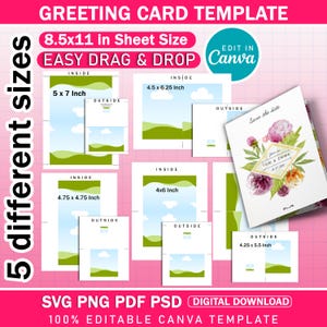 May include: A digital greeting card template with five different sizes, including 12.7 x 17.8 cm and 10.8 x 14 cm options. The template is editable in Canva and includes a sample card design with floral elements and the text "Save the date".