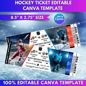Könnte beinhalten: Hockey-Ticket-Vorlage mit einer Grafik eines Hockeyspielers. Das Ticket ist 21,6 cm x 7 cm groß und enthält editierbare Felder für Spieldetails. Der Text auf dem Ticket enthält "Happy Birthday Michale Love Mom" und "Admit One".