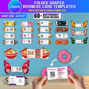 May include: A promotional image showcasing folded-shaped business card templates. The design includes various themes like food, sports, and animals. The sheet size is 8.5"x11" and includes over 60 different designs. The Canva logo is visible.