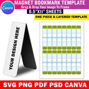 Puede incluir: Una plantilla de marcapáginas magnético blanco con el texto "YOUR DESIGN HERE" y un respaldo negro. La imagen también muestra una hoja de plantillas de marcapáginas y el texto "MAGNET BOOKMARK TEMPLATE" y "8.5"X11" SHEETS".