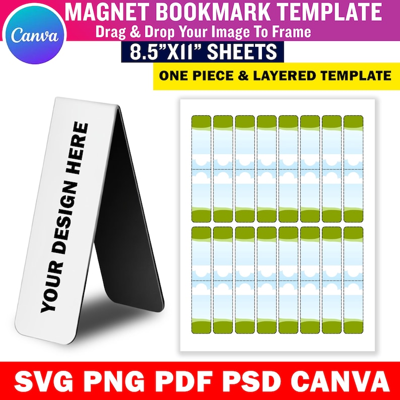 Puede incluir: Una plantilla de marcap&aacute;ginas magn&eacute;tico blanco con el texto "YOUR DESIGN HERE" y un respaldo negro. La imagen tambi&eacute;n muestra una hoja de plantillas de marcap&aacute;ginas y el texto "MAGNET BOOKMARK TEMPLATE" y "8.5"X11" SHEETS".