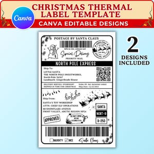 Könnte beinhalten: Eine Weihnachtsetikettenvorlage mit dem Text "Christmas Thermal Label Template" und "Canva Editable Designs". Das Etikett enthält ein "North Pole Express"-Design mit einem Schneemann, dem Weihnachtsmann und Rentier-Illustrationen. Das Etikett enthält auch den Text "2 Designs Included".