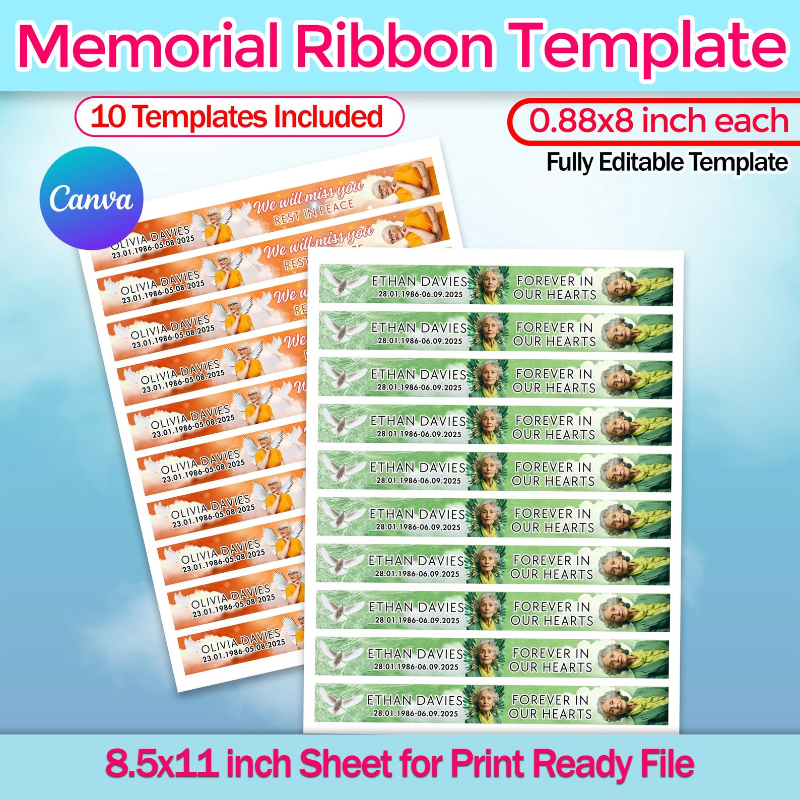 10x Memorial Ribbon Templates Bundle | Funeral Memorial Canva Designs ...