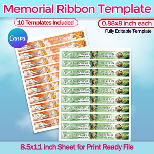 May include: Memorial ribbon template with 10 templates included. The design features customizable labels with names, dates, and the phrase "Forever in Our Hearts." Each label is 0.88x8 inches. The sheet is 8.5x11 inches and print-ready.