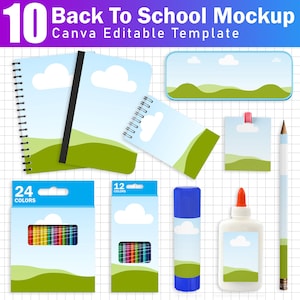 May include: A collection of school supplies including notebooks, colored pencils, glue, and a pencil. The items feature a sky and landscape design. The text at the top reads "10 Back To School Mockup Canva Editable Template".