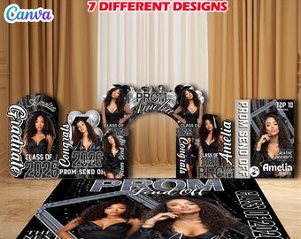 Custom Black Prom Decor Bundle, Class of 2026 Grand Entrance, Book Backdrop, Name Cutouts Hat Arch Wall Floor Wrap Canva Editable Template