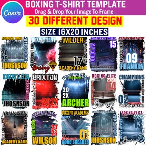 Könnte beinhalten: Werbebild für Box-T-Shirt-Vorlagen. Das Design zeigt 30 verschiedene Vorlagen mit Boxring-Grafiken, Teamnamen und Nummern. Die Größe beträgt 40,64 x 50,8 cm.