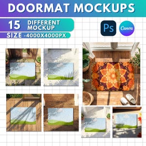 Könnte beinhalten: Werbebild mit Fußmatten-Mockups. Das Bild zeigt verschiedene Fußmatten-Designs, darunter florale Muster und Landschaftsszenen. Der Text oben lautet "Doormat Mockups" und "15 Different Mockup Size -4000x4000px".