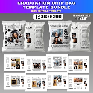 May include: A graduation chip bag template bundle with 12 designs included. The template size is 11" x 8.5". The bags feature photos of graduates, the text "Graduation Times", and the class year "2026".