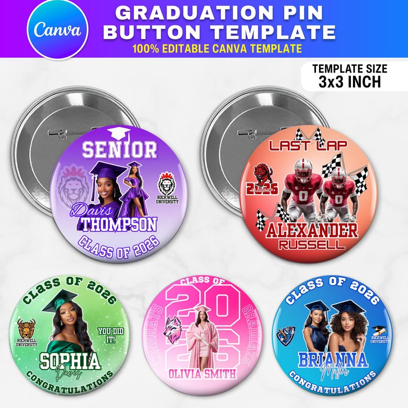 10x Senior 2026 Graduation Pin Bundle, Elite Milestone Button Suite ...