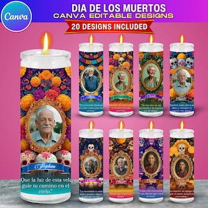 Peut inclure: Plusieurs bougies pour le Día de los Muertos. Chaque bougie présente un portrait dans un cadre orné, entouré de motifs floraux et de crânes. Les bougies ont du texte en espagnol.