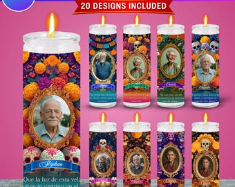 15x Día De Los Muertos Candle Labels | Tall Cylinder Candle Wraps | Editable Canva Memorial Stickers | Altar Decor Funeral Labels Digital
