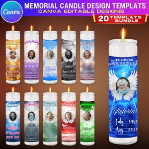 Puede incluir: Una colección de plantillas de diseño de velas conmemorativas. Cada vela presenta una foto, un nombre y fechas, con alas de ángel y las palabras "In Loving Memory Of" o "Memory". Las velas tienen una variedad de colores y diseños de fondo, con el texto "Canva Editable Designs".