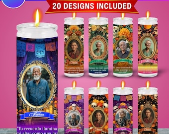 May include: A selection of Día de los Muertos memorial candles. Each candle displays a portrait, decorative floral and skull designs, and text. The candles are lit, with the text in Spanish. The Canva logo is in the upper left corner.