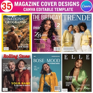 Puede incluir: Una colecci&oacute;n de dise&ntilde;os de portadas de revistas con el texto "35 MAGAZINE COVER DESIGNS CANVA EDITABLE TEMPLATE". Las portadas presentan diversos temas, incluyendo "National Geographic", "The Birthday", "TRENDE", "Rolling Stone", "BOSE MOOD" y "ELLE". Cada portada tiene dise&ntilde;os e im&aacute;genes &uacute;nicos.