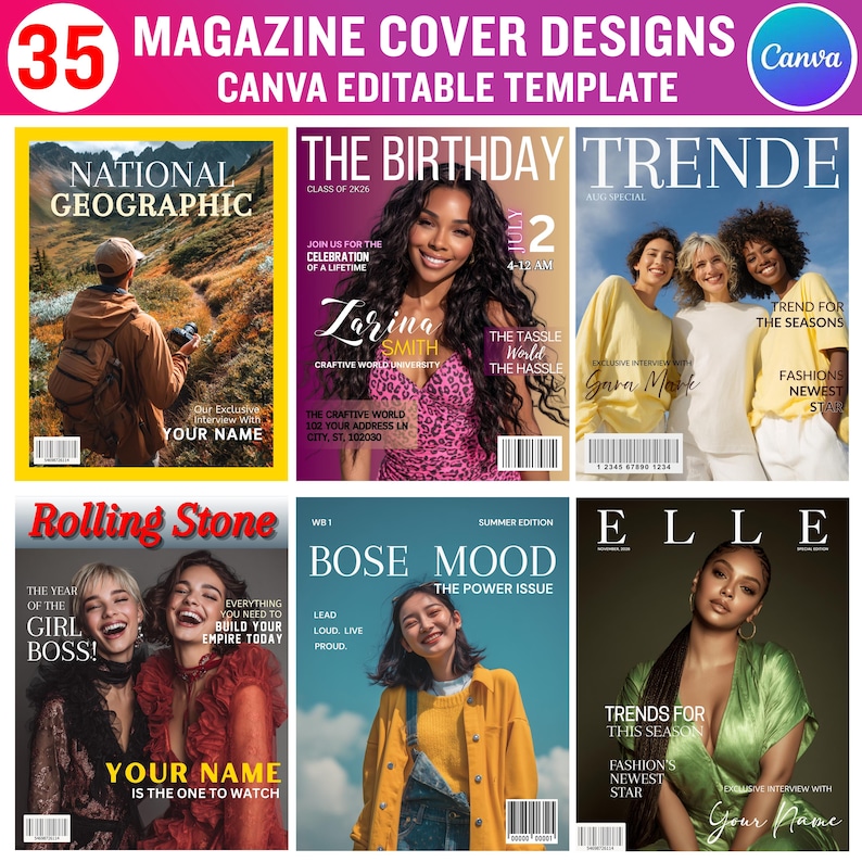 Puede incluir: Una colecci&oacute;n de dise&ntilde;os de portadas de revistas con el texto "35 MAGAZINE COVER DESIGNS CANVA EDITABLE TEMPLATE". Las portadas presentan diversos temas, incluyendo "National Geographic", "The Birthday", "TRENDE", "Rolling Stone", "BOSE MOOD" y "ELLE". Cada portada tiene dise&ntilde;os e im&aacute;genes &uacute;nicos.