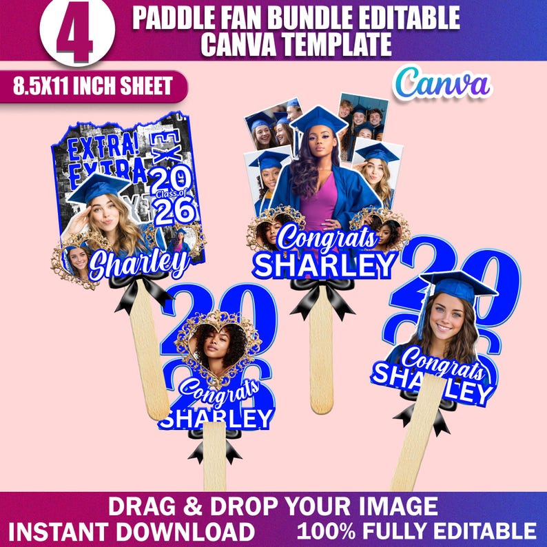 Pode incluir: Um conjunto de leques de formatura com fotos de formandos, o texto "Congrats Charley" e o ano "2026". Os leques s&atilde;o azuis, pretos e dourados, com o texto "Paddle Fan Bundle Editable Canva Template".