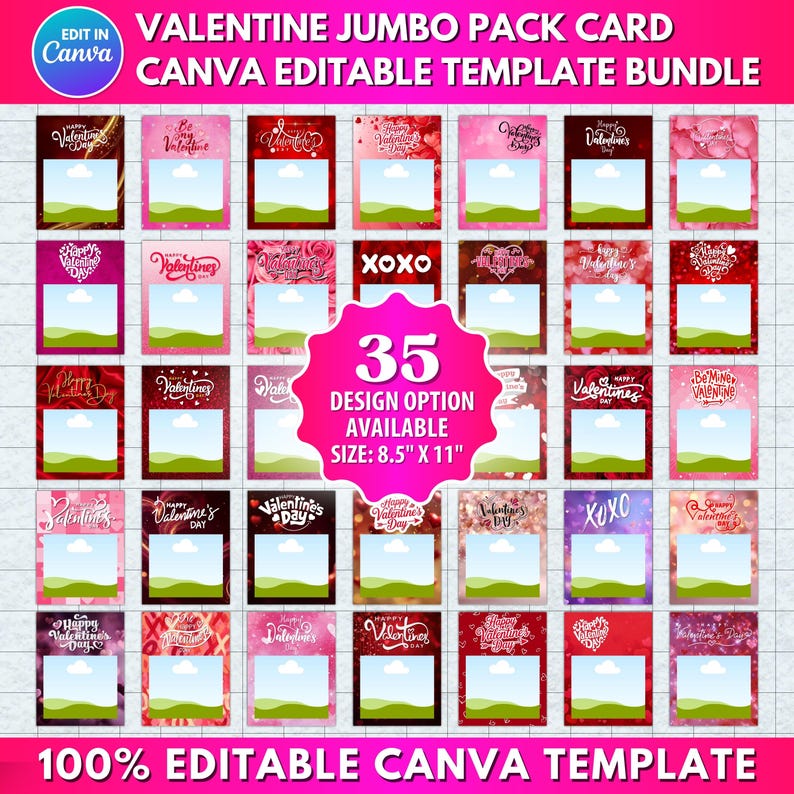 Valentine Jumbo Pack Card Canva Editable Template | Custom Heart Photo ...