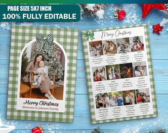 Holiday Photo Card Template | Green Bow Stripe Christmas Card | Printable Family Photo Card | Year In Review Holiday Card Editable