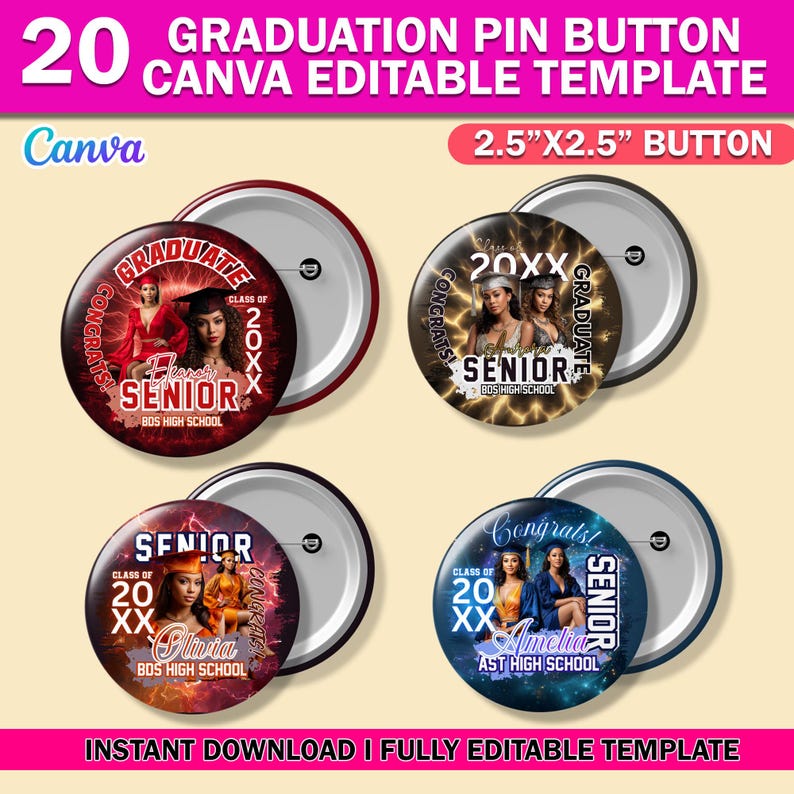 20x Graduation Pin Button Template Bundle, Congrats Class of 2026 ...