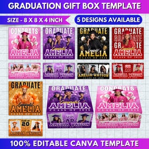 Pode incluir: Modelo de caixa de presente de formatura com cinco designs dispon&iacute;veis. A caixa mede 20,3 x 20,3 x 10,2 cm. O design inclui o nome "Amelia" e "Turma de 2026" com v&aacute;rios esquemas de cores e fotos. O texto "100% Modelo Canva edit&aacute;vel" tamb&eacute;m est&aacute; inclu&iacute;do.