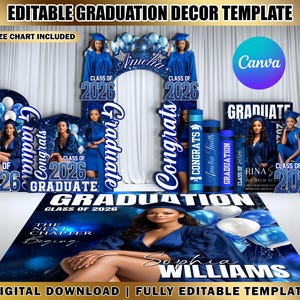 Pacchetto di decorazioni personalizzate per la laurea, ingresso trionfale della classe del 2026, sfondo a forma di libro, ritagli di nomi, parete ad arco con cappelli, modello modificabile Canva per rivestimento del pavimento