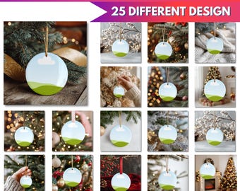 May include: A mockup bundle of round Christmas ornaments with a landscape design, featuring a blue sky, white cloud, and green hills. The text "ORNAMENT MOCKUP BUNDLE" and "25 DIFFERENT DESIGN" are displayed at the top. Editing in Ps and Canva.