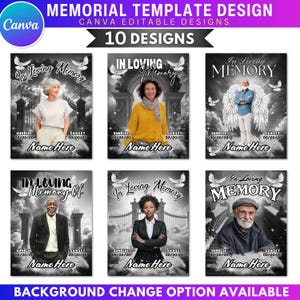 Peut inclure: Modèle de conception numérique pour annonces de deuil. Le design présente le texte "In Loving Memory" avec des images de personnes et de colombes. Le modèle comprend 10 designs et est modifiable sur Canva.