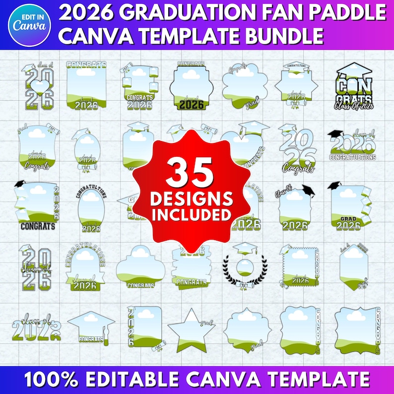 35x Graduation Fan Paddle 2026 Bundle | Canva Editable Grad Paddle ...