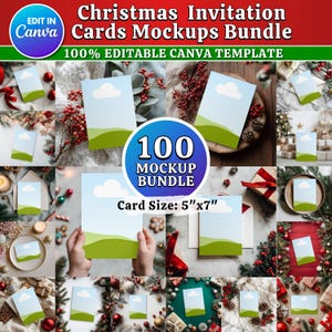 May include: A selection of Christmas invitation card mockups. The image features cards with a blue sky and green landscape design. Text on the image reads "Christmas Invitation Cards Mockups Bundle" and "100% Editable Canva Template". Card size is 12.7cm x 17.8cm.