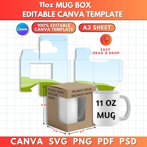 Puede incluir: Una plantilla para una caja de taza de 11 oz, con el texto "11oz MUG BOX EDITABLE CANVA TEMPLATE". El diseño incluye una caja con ventana, una taza y el texto "PLACE YOUR DESIGN HERE". La taza mide 9,9 cm de alto, 8,4 cm de ancho y 12 cm de largo.