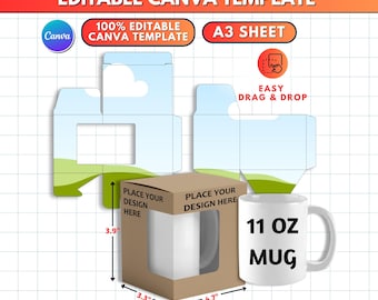 11oz Mug Box Template SVG | Square Mug Gift Box Packaging with Window | DIY Canva Editable Cut File for Cricut
