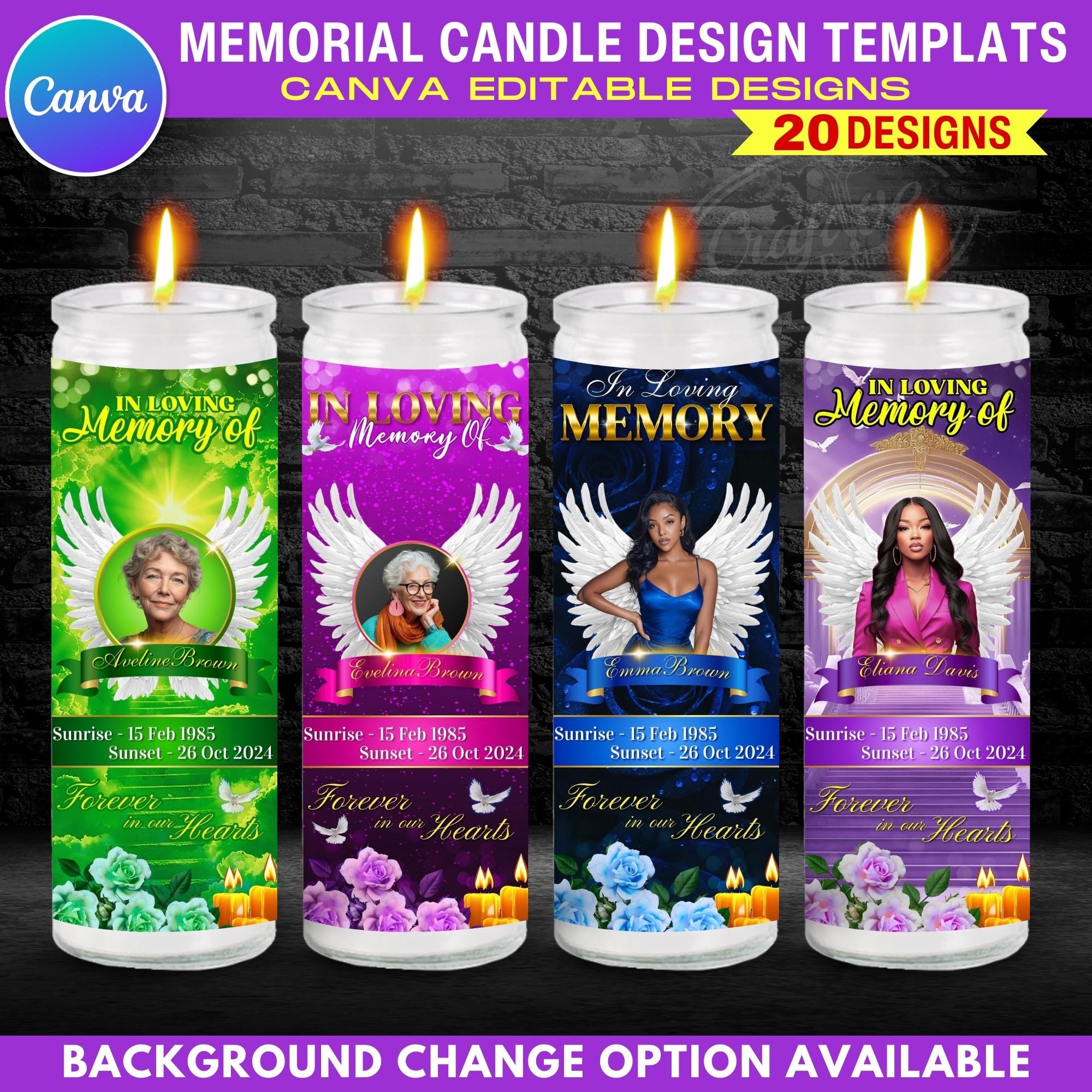 20x Memorial Candle Sticker Templates | Editable Canva Candle Wraps ...