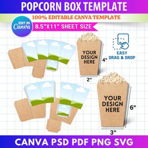 2x Popcornboxmall SV, 4 x 2 tum, 6 x 3 tum Snackbox Klippfil och festpresentask | Popcorn SVG Utskrivbar och Canva Redigerbar Design