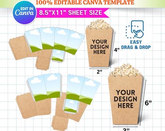 2x Popcorn Box Template SV, 4x2in, 6x3in Snack Box Cut File & Party Favor Box | Popcorn SVG Printable And Canva Editable Design