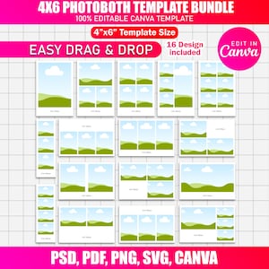 May include: A collection of 16 photobooth templates in a 4"x6" size. The templates feature landscape and cloud graphics. Text includes "4x6 Photobooth Template Bundle", "100% Editable Canva Template", "Easy Drag & Drop", and "Edit in Canva".