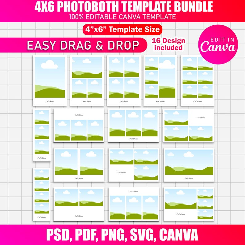 4x6 Photobooth Template Bundle | 16 PSD Photo Strip & Collage Overlays ...