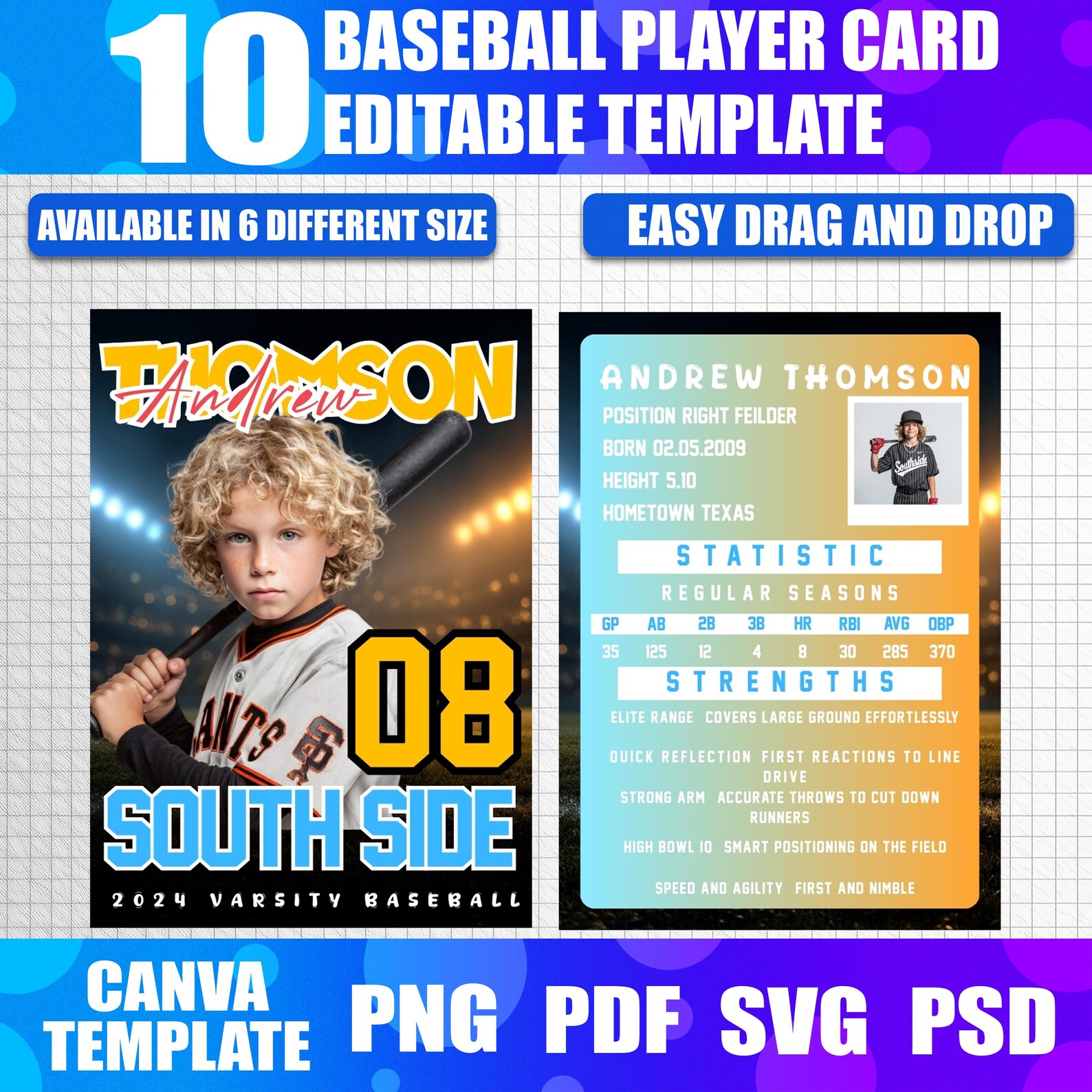 6x Custom Baseball Player Card Canva Templates | Editable Rookie Card ...