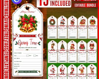 15x Christmas Giving Tree Tags Template | Editable Angel Tree Gift Tags | Holiday Donation Slips | Printable 3x7 Inch Digital