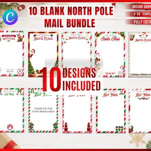 May include: A digital bundle of 10 blank North Pole mail templates featuring Christmas-themed borders with Santa Claus, elves, and candy canes. The designs include text such as From the Desk of Santa Claus and Official North Pole Elf Mail.